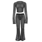 Long flared sleeve hollow out see through crop pant set