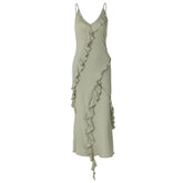 V neck ruffle backless irregular cami midi dress