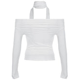 Off shoulder long sleeve ruched solid top