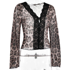 Long sleeve leopard print v neck lace button top