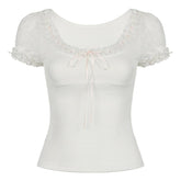 Short puff sleeve bowknot ruffle ribbed top