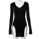 Long sleeve deep v neck slit solid mini dress