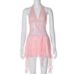 Halter v neck backless lace self tie hollow out mini dress