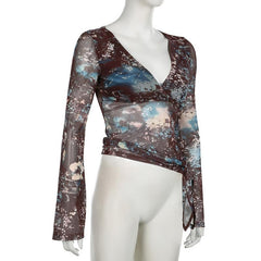 V neck long flared sleeve abstract mesh top