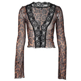 Long flared sleeve print lace hem button see through top