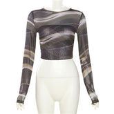 Long sleeve crewneck mesh backless crop top