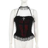 Halter lace hem cross pattern ruffle top