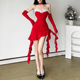 Halter ruffle fluffy gloves mini dress
