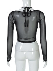 Halter long sleeve mesh lace hem button top