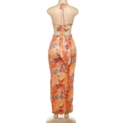 Halter self tie deep V neck print backless maxi dress
