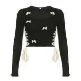 Bowknot long sleeve hollow out lace up contrast cut out top