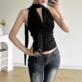 Halter cowl neck ruched backless top
