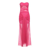 Mesh ruched hollow out see through tube cut out maxi dress | red tango dress