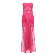Mesh ruched hollow out see through tube cut out maxi dress | red tango dress