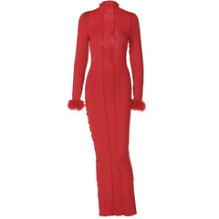 Long sleeve solid feather ruffle high neck backless midi dress | red tango dress