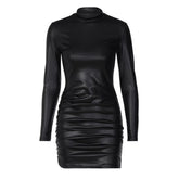 Ruched solid long sleeve high neck mini dress | red tango dress