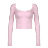 Long sleeve bowknot sweetheart neck ruffle top