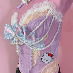 Bowknot beaded "Hello Kitty" pattern mesh cami top