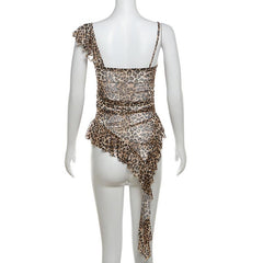 Leopard print flower applique irregular ruffle cami top