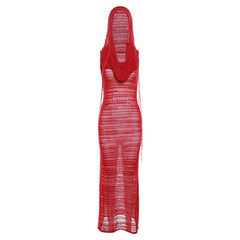 Crochet solid hoodie sleeveless see through maxi dress | red tango dress