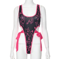 U neck print self tie hollow out tank bodysuit