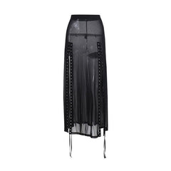 Sheer mesh see through lace up slit solid maxi dress | samba dress