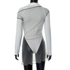 Turnover collar long sleeve mesh 2 piece top