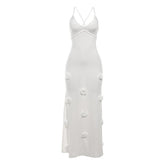 V neck flower applique cross back cami maxi dress | red tango dress