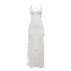 V neck flower applique cross back cami maxi dress | red tango dress