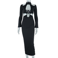Hollow out cross front solid long sleeve halter midi dress | black rave dress | black rave dress