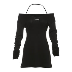 Halter long sleeve off shoulder fluffy mini dress