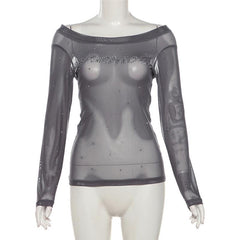 Off shoulder long sleeve beaded sheer mesh solid top