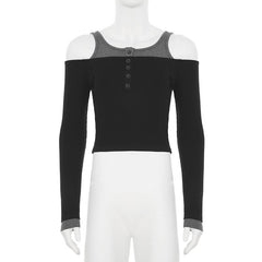 Off shoulder long sleeve contrast button top