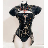 Short sleeve high metal chain skull 2 piece top