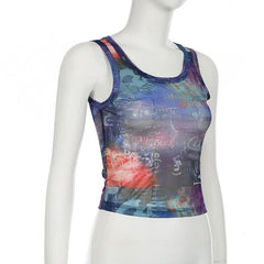 Sleeveless u neck print sheer mesh tank top
