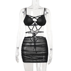 Cross front butterfly mesh hollow out cami mini dress | black rave dress