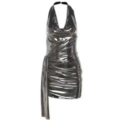 Halter ruched cowl neck metallic button mini dress