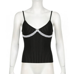 Bowknot lace hem striped v neck cami top