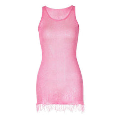 Sleeveless u neck tassels knitted mini dress | red tango dress