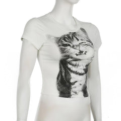 Short sleeve crewneck cat print top