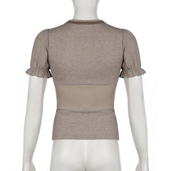 Short puff sleeve button stitch ruffle ribbed top