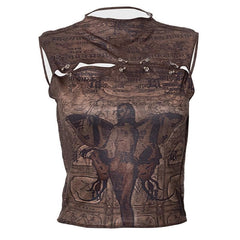 Stitch abstract print sleeveless hollow out o ring crop cut out top