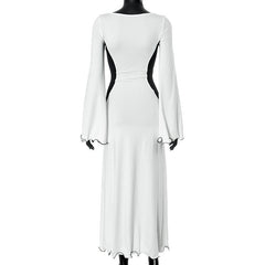 Long flared sleeve u neck slit ruffle maxi dress