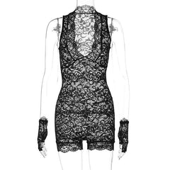 Deep v neck lace gloves see through romper