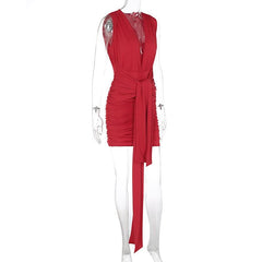 Deep V neck ruched solid mini dress | red tango dress
