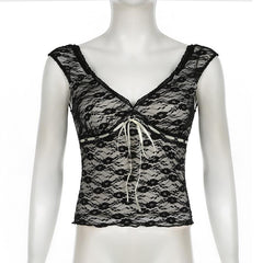 Cap sleeve v neck lace knotted backless top