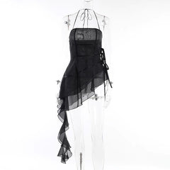 Halter ruffle irregular ribbon sheer mesh mini dress | samba dress