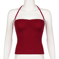 Halter ruched lace hem backless solid top