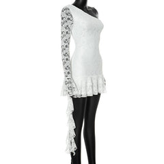 One shoulder long sleeve lace ruffle mini dress