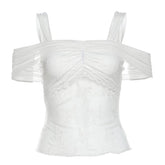 Short sleeve off shoulder lace mesh ruched 2-way top